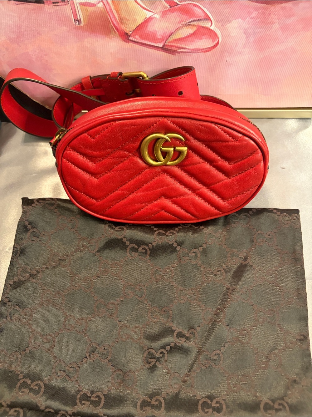 Gucci Red Quilted Marmont Leather GG Belt/bum Bag with Gold Hardware